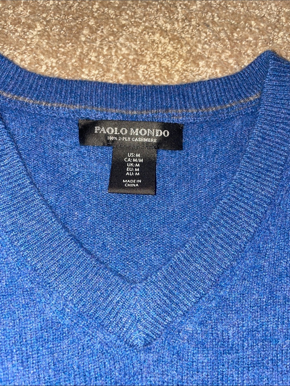 Paolo Mondo 100% 2 Ply Cashmere Men's Blue V-Neck Sweater M